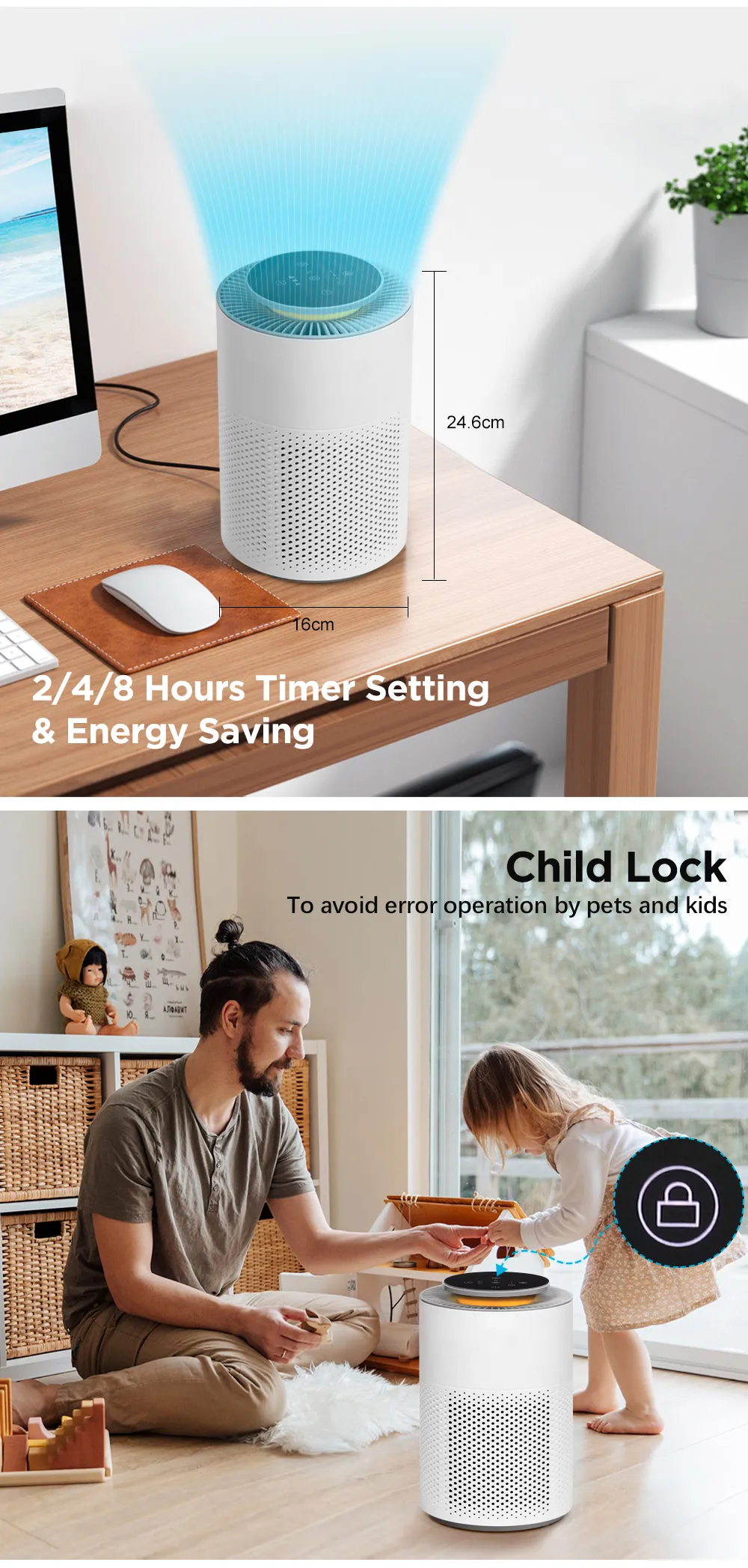 Room Air Purifier for Home Pets HEPA Filter Portable Desktop Air Cleaner for Dog Cat Hair Dander Odor Smoke Small Room Bedroom Office